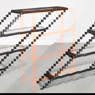 Edward Wormley for Dunbar, four shelf etagere: Edward Wormley for Dunbar, four shelf etagere, c. 1950s, USA, mahogany and glass, unmarked, 48.5"h x 35.5"w x 14"d