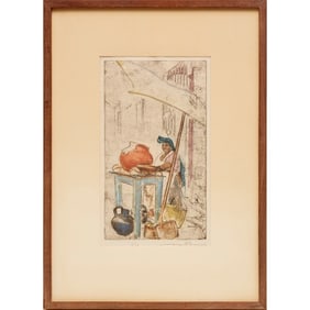 Max Pollak, signed colored etching