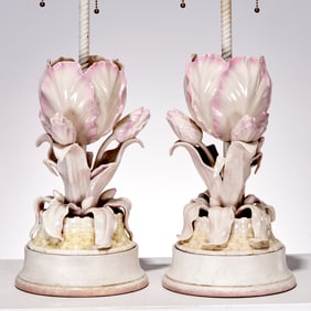Pair Belleek porcelain tulip vase lamps