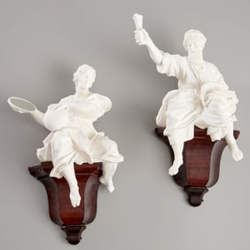 Pair large plaster allegorical figures on brackets