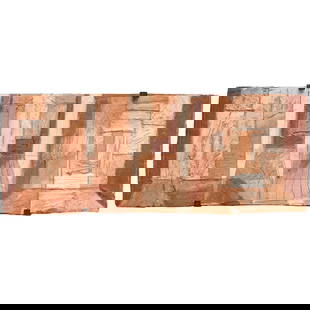 Jacqueline Freedman, ceramic plaque, 1973: Jacqueline Freedman, ceramic plaque, 1973, Jacqueline Freedman (American, b. 1925), painted terracotta, faintly signed and dated "J. Freedman, '73" verso, with metal wall hanging mount, 10"h x 25.75"w
