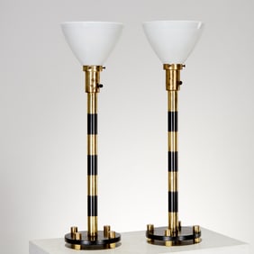 Pair Italian brass and black enamel table lamps