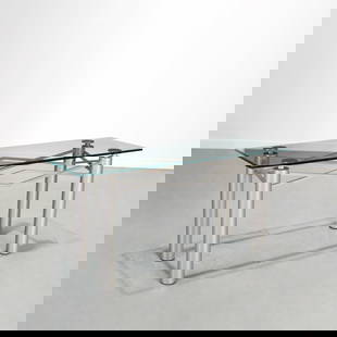 Postmodern console table: Postmodern console table, 20th/21st c., having a thick glass tabletop with curved edge, on tubular powder coated aluminum legs with cross bar design, unmarked, 28.75"h x 60"w x 20"d