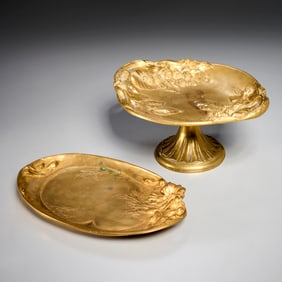 Signed Art Nouveau gilt bronze tazza and dish