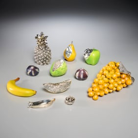 Group Italian silver, enamel fruits & nuts