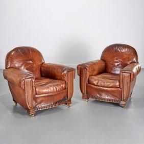 Pair French Art Deco leather and oak club chairs