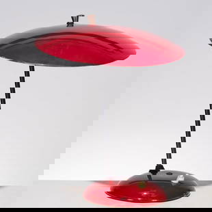 Stilnovo (attrib), red enameled desk lamp: Stilnovo (attrib), red enameled desk lamp, Mid-20th c., saucer form red enameled metal, with black stem, and brass hardware, unmarked, 14.5"h x 12.5"w x 12"d