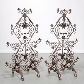 Pair large Continental wrought iron candle holders