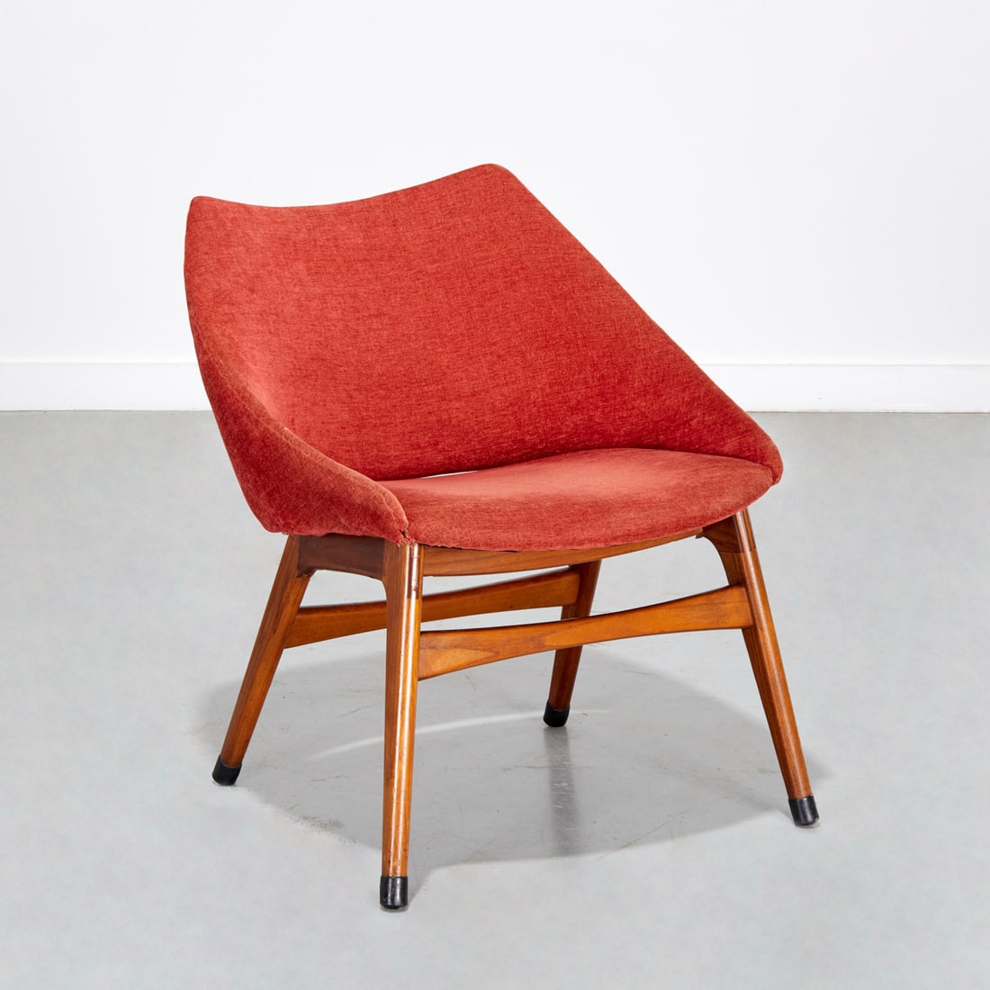 Gerhard Berg teak "Norse" chair: Gerhard Berg teak "Norse" chair, c. 1950, Norway, red upholstery, unmarked, 27.5"h x 24"w x 26"d, 16.5"h (seat height) Provenance: A Private Collection: 315 Riverside Drive, NYC
