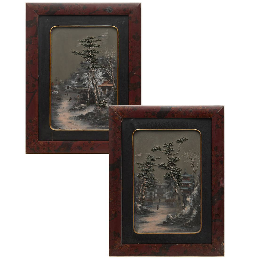 Pair Meiji Period lacquer relief panels