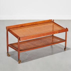 Danish Modern teak and rattan magazine rack