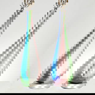 Pair Murano multicolor glass lamps: Pair Murano multicolor glass lamps, Mid-20th c., Italy, on brushed nickel base, with nickel hardware, acrylic finials, no visible marks, 32"h x 6"d
