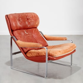 Danish Modern steel and leather lounge chair