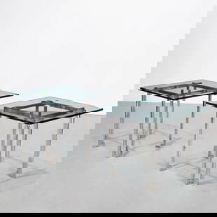 Paul M. Jones (style), pair side tables: Paul M. Jones (style), pair side tables, 20th c., square 1" thick glass tops, on chrome bases, unmarked, 24.5"h x 29"squ Provenance: Purportedly from the Estate of Herbert Kasper