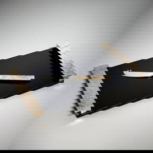 Michael Aram, silver and granite cheese board: Michael Aram, silver and granite cheese board, 21st c., USA, Forest Leaf design, silver leaf handles with granite board, marked underside, with stainless steel knife, impressed signature, 1.5"h x 13"w