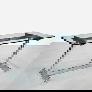Italian Modern chrome and glass desk: Italian Modern chrome and glass desk, 20th c., tinted glass top with beveled edges on chrome trestle style base, "Made in Italy" label to side, 29"h x 60"w x 30"d Provenance: The Collection of Placido