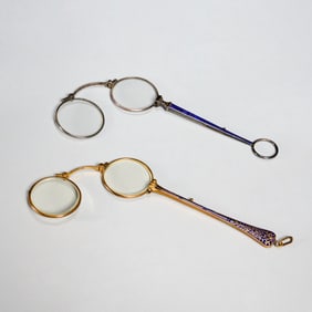 (2) Edwardian enameled silver/metal lorgnettes