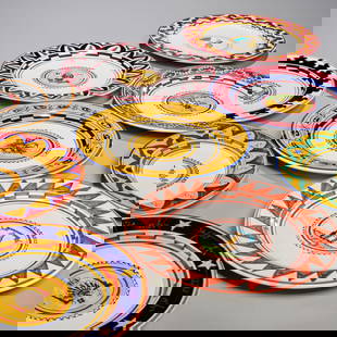 Contrades of Siena, (9) majolica plates: Contrades of Siena, (9) majolica plates, 20th c., Italy, glazed pottery, Palio di Siena dinnerware, each plate decorated for a different contrade, marked on underside, 10.75"dia Provenance: A Private