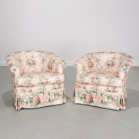 Pair Custom upholstered swivel tub chairs