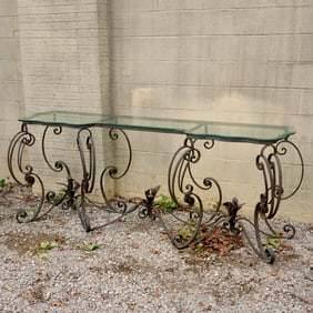 Wrought iron and glass garden console table