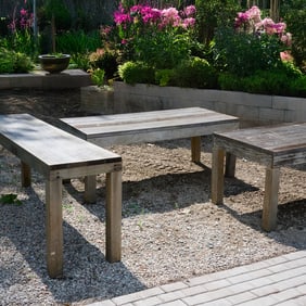 (3) Teak dining and console garden tables