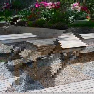 (3) Teak dining and console garden tables: (3) Teak dining and console garden tables, 20th c., incl. (2) rectangular dining tables, and (1) console table, unmarked, 28"h x 71"l x 33"w (dining tables), 30"h x 81"l x 20"d (console table)