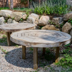 (2) Teak round dining tables