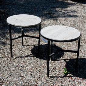 Pair Modernist travertine top garden tables
