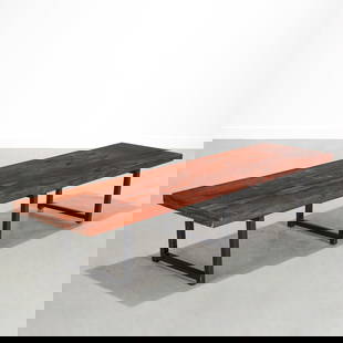Milo Baughman, rosewood long bench or table: Milo Baughman, rosewood long bench or table, c. 1960s, for Thayer-Coggin Furniture, highly figured book-matched rosewood veneer on three ebonized wood sleigh legs, 15"h x 78"l x 20"w
