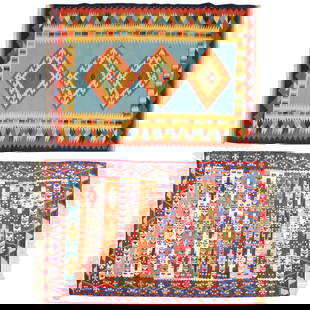 (2) Vintage Kilim rugs: (2) Vintage Kilim rugs, 20th c., poss. Turkey, in blue, green, red, and yellow tone geometric patterns, approx. 5'4"l x 3'5"w (larger), 5'l x 3'6"w (smaller)
