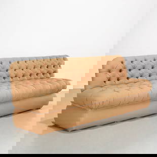Contemporary custom button tufted banquette: Contemporary custom button tufted banquette, 20th/21st c., camel upholstery with nailhead trim, unmarked, 34"h x 86"w x 26"d, 19"h (seat height) Provenance: A Private Collection: 575 Park Avenue & Rye