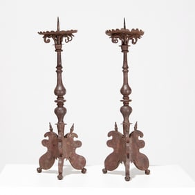 Pair antique Gothic iron pricket candle stands