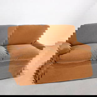 Contemporary custom mohair settee: Contemporary custom mohair settee, 20th/21st c., two seat brown upholstered loveseat, unmarked, 32"h x 57"w x 35"d Provenance: A Private Collection: 575 Park Avenue & Rye, NY