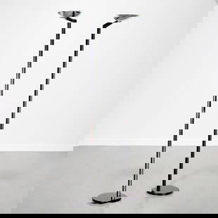 Pair Lareico Italian Modern floor lamps: Pair Lareico Italian Modern floor lamps, 20th c., Italy, chrome and black painted wood, halogen lamps with foot operated dimmer switch, weighted base, 71.75"h x 11"w x 10"d (base)