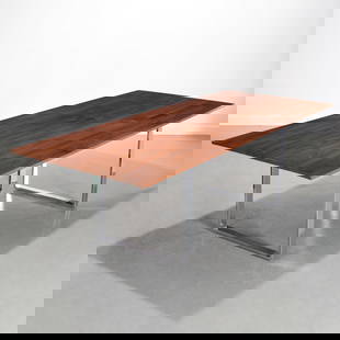 Large Contemporary walnut conference table: Large Contemporary walnut conference table, 20th c., rectangular top on chromed steel legs, unmarked, 30"h x 98"w x 39"d