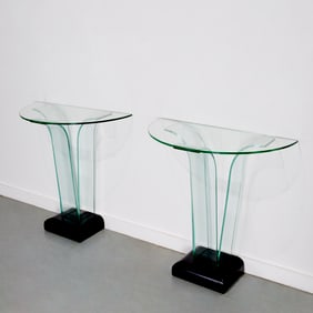 Ben Mildwoff, pair bent glass console tables