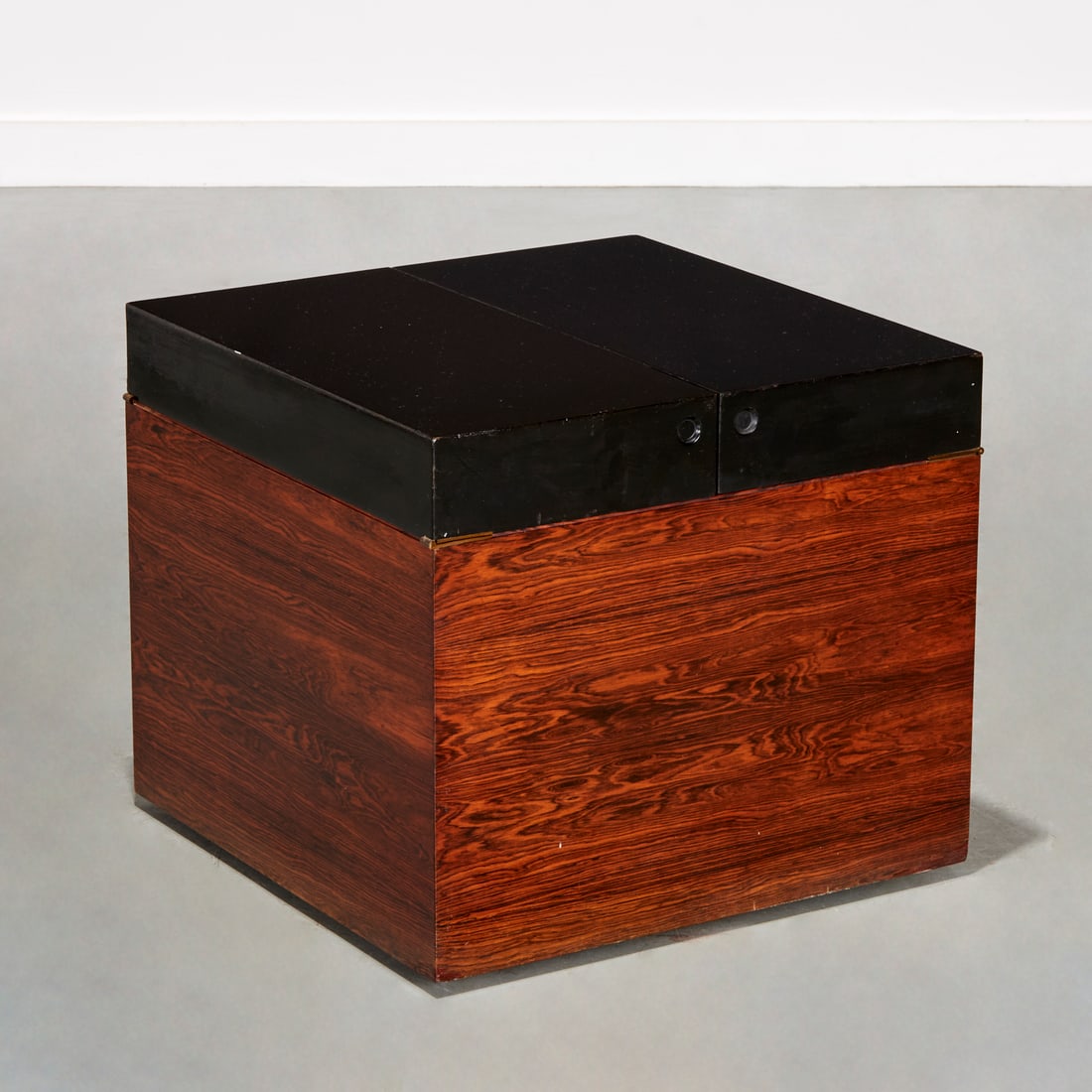 Gunnar Myrstrand for Kallemo, rosewood bar cabinet: Gunnar Myrstrand for Kallemo, rosewood bar cabinet, c. 1960, Sweden, lacquer hinged lid, interior service compartments with removable tray, on casters, mark underside, 17.25"h x 19.75"squ