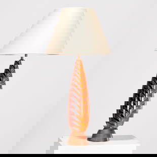 Aldo Londi for Bitossi, ceramic table lamp: Aldo Londi for Bitossi, ceramic table lamp, c. 1960's, Italy, leaf decoration, mounted on wood base, no visible signature, "Made in Italy" sticker label under base, 35.25"h x 6"dia. (total), 12.5"h x