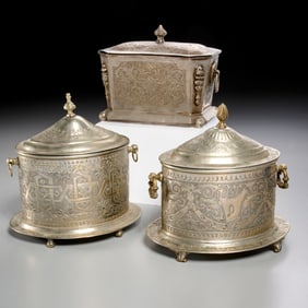 (3) Antique Moroccan engraved metal caskets