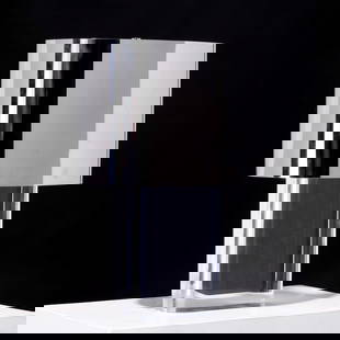 Karl Springer, steel and lucite table lamp: Karl Springer, steel and lucite table lamp, c. 1970s, USA, clear body, mirrored steel shade, unmarked, 22"h x 15.5"w x 10"d (total), 11"h x 15.5"w x 10"d (shade only)