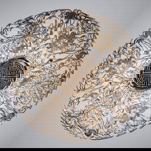 Chinese silver filigree dish: Chinese silver filigree dish, 19th/20th c., China, "Shou" symbol for longevity in center, surrounded by floral filigree, two maker's marks stamped verso, 4.25"dia Provenance: A Private Collection: Pri