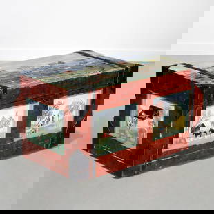 American Folk Art painted blanket chest: American Folk Art painted blanket chest, c. 1996, USA, hinged trunk painted in Americana farm village scene and faux wood grain, signed "Katherine Ladd" and dated, 18"h x 34.5"w x 21.25"d Provenance: