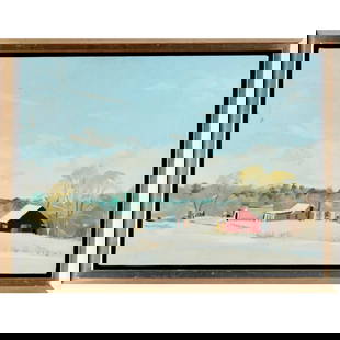 George Bentley Nick, oil on linen, 1982: George Bentley Nick, oil on linen, 1982, George Bentley Nick (American, b. 1927), "Palumbo Farm, Concord", title, date and signature impressed into paint surface lower left corner, gallery label verso
