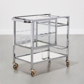 Jacques Adnet (style), chrome and glass bar cart