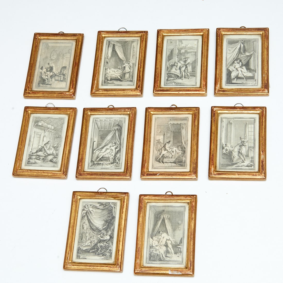 (10) French erotic engravings, ex-Alberto Pinto: (10) French erotic engravings, ex-Alberto Pinto, 18th/19th c., on laid paper, one titled "Le Tonnetier" on verso (The Cooper), and one with remnant wax seal on verso, framed under glass, 4.5"h x 2.75"