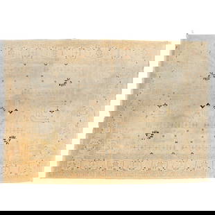 Nice Oushak room-size carpet: Nice Oushak room-size carpet, 20th c., hand knotted wool, with open brown designs on cream ground, with pale rust repeating borders, weaver's mark along edge, with Safavieh labels, approx. 13'4"l x 10