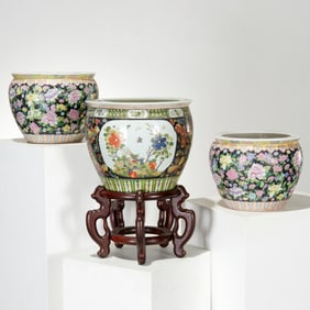 (3) Chinese Famille Noire porcelain jardinieres