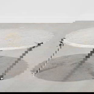 Francois Arnal, T9 coffee table: Francois Arnal, T9 coffee table, c. 1970, for Atelier A., Paris, 1" round Carrara marble top, clamp-on chrome-plated legs, 15"h x 34"dia