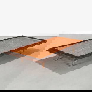 Amir Farr for Strick House, daybed: Amir Farr for Strick House, daybed, c. 1963, designed by Amir Farr for Strick House, stained Douglas fir on square steel legs, 11.75h x 74"l x 38.5"w