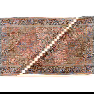 Antique Heriz carpet: Antique Heriz carpet, 20th c., with central medallion, and banded border panel, in primarily rust, blue, and cream tones, approx. 10'4"l x 7'11"w